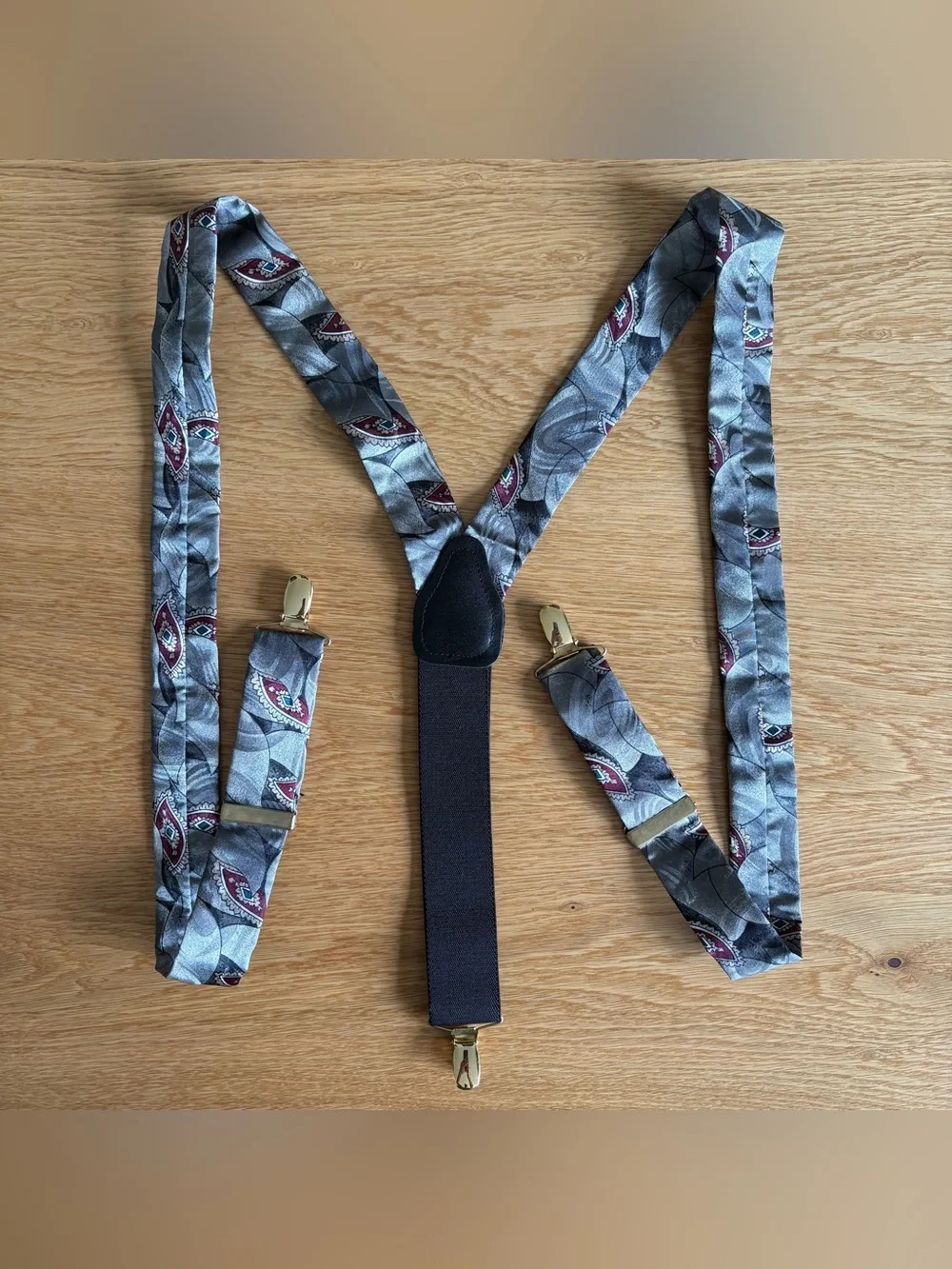 Vintage Germany Mens Paisley Y-Back Suspenders Gray Silk Adjustable Braces